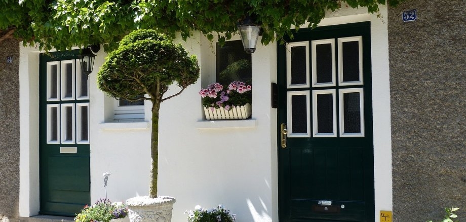 Eine grüne Haustür mit 6 kleinen Fenstern in einerm Hauseingang mit weißer Fassade und einem kleinem Baum im Vorgarten.